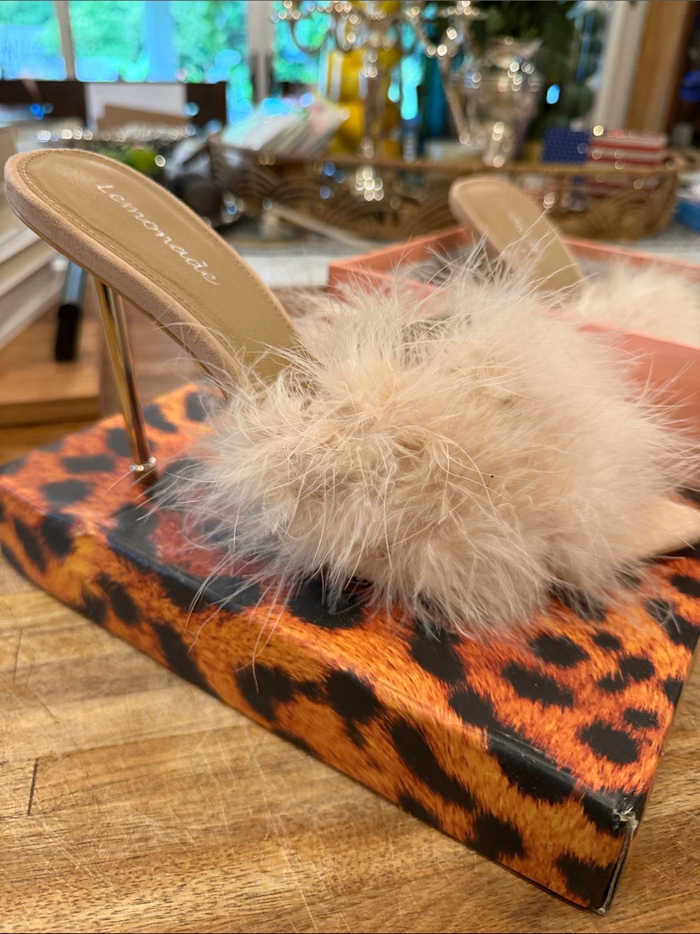 Lemonade Feathered Mule Slides in Blush
